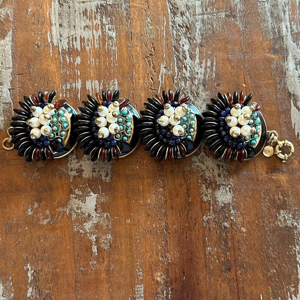 J.Crew Pearl Blue Black Beaded Floral Chunky Statement Bracelet VTG